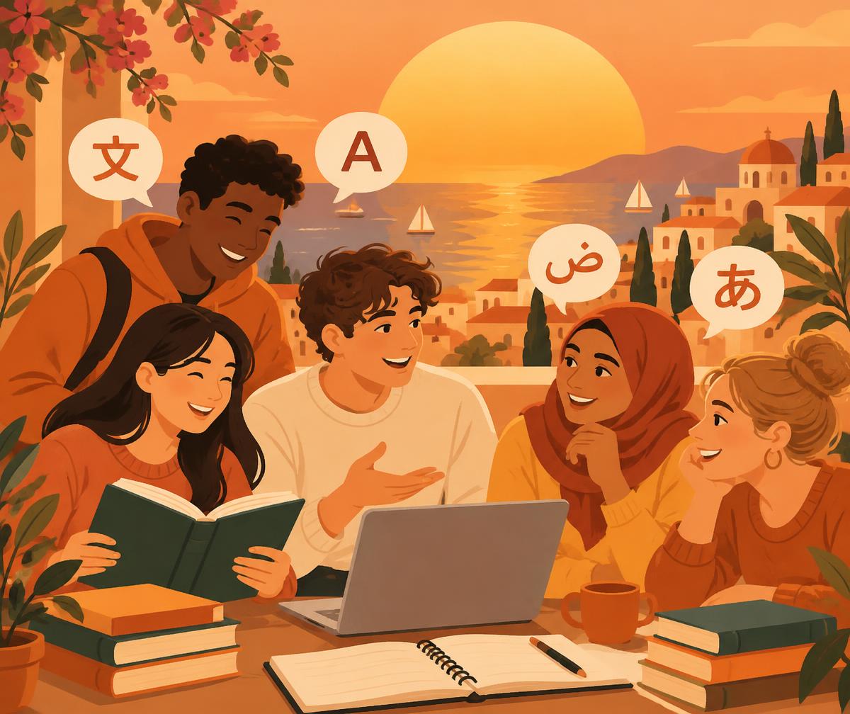 Friends learning languages together at sunset